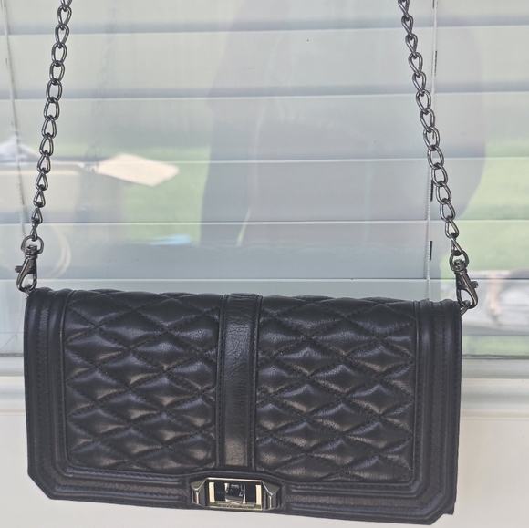 $298 Rebecca Minkoff Quilted Black Leather Love Crossbody Chain Bag Womens - Picture 4 of 14